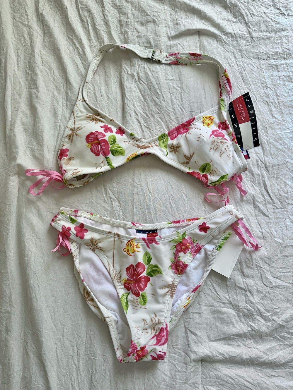 Y2k White Tommy Hilfiger Floral Bikini Set with Pink & Green Accents